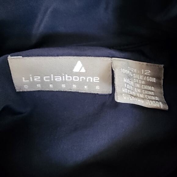 Liz Claiborne Silk Mandarin Collar Midi Pencil Dress Sz 12 Dark Navy Minimalist - Picture 6 of 6